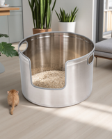 Nouvelle conception, litière ronde en acier inoxydable de haute qualité pour chats de grande taille et multi-chats, avec côtés hauts et pelle, tapis