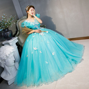 Ice Blue Ball Gown Sweetheart Neckline Chiffon Prom Dress Floral Print Empire Waistline Women's Evening Gown - Product Image 4