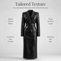 Ensemble jupe midi et blazer en similicuir croco pour femme avec ceinture, tenue de bureau élégante