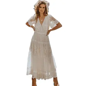 OEM Elegant Casual Short Sleeve White Lace Sheer Layer Maxi Other Dress For Women