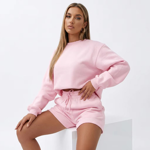 Conjunto de Dos Piezas de Felpa de Algodón Grueso de 420 g con Logotipo Personalizado para Mujer, Sudadera Holgada con Cuello Redondo y Pantalones Cortos, Conjunto Deportivo Informal - Product Image 4