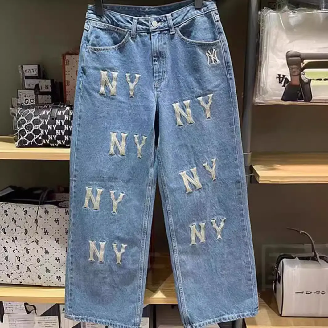 NY Stickerei hohe taille weites Bein Jeans für Herren und Damen Freizeiteins