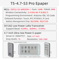 LILYGO T5 E-Paper S3 Pro Écran E-Ink ESP32-S3 Module E-Paper 4,7 pouces LoRa SX1262 Carte TF RTC PCF8563 Tactile Batterie GPS