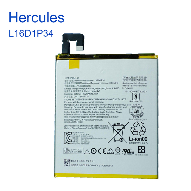 3.85V 4850mAh 18.7Wh L16D1P34 SB18C25304 Original Tablet Battery for Lenovo TAB4 8 Plus Tablet TB-8704F TB-8704X TB-8704V Series