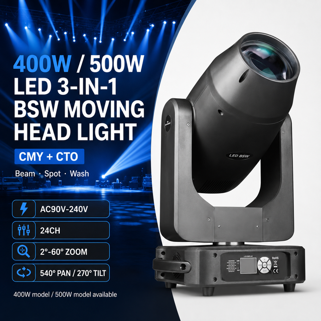400W 500W LED 3-in-1 BSW Moving Head Light CMY CTO Zoom 2-60 Deg Dual Prism DMX512 Concert Theater Wedding