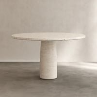 Table à manger ronde en marbre travertin italien de qualité supérieure, mobilier moderne en pierre naturelle avec base sculpturale conique