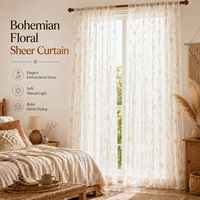 Rideaux Bohèmes 2 Panneaux à Motif Feuille Brodé, Semi-Transparents, en Faux Lin, à Passe-Tringle, Toutes Saisons, pour Fenêtre Standard, Salon