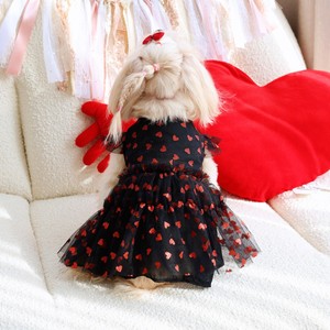 Pet Mesh Heart Print Dress Black Polyester Spring Summer Casual For Dogs Cats - Product Image 1