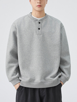 Vente directe d'usine, pull en coton lourd 420 g/m², col rond décontracté, boutons, couleur unie, pull tendance pour homme