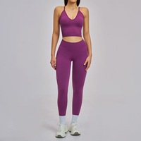 Ensemble 2 pièces couleur unie sans couture : Soutien-gorge de sport yoga croisé à col en V et Leggings ajustés pour la course, le fitness et la gym