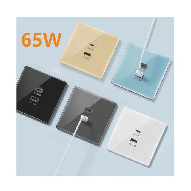 Universal 65W Type C and Usb Port Wall Outlet 86 Type Tempered Glass Plastic Panel Fast Charger 2.4A Usb Power Plug Sockets 220V