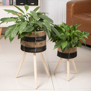 Soporte creativo para macetas de cuerda de papel tejida con patas de madera para plantas de interior, decoración del hogar, diseño circular XH24-641 - Product Image 2