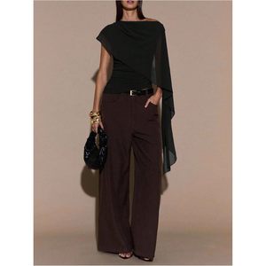 FOXA Women's Ruched Cape <b>One</b> Shoulder Short Sleeve Asymmetrical Neck Fitted Crop <b>Top</b> 100% Polyester - Product Image 4