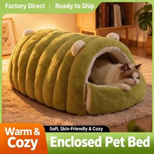 Lit pour chat en fausse fourrure verte mignon, maison pour animaux de compagnie, grotte chaude pour l'hiver, pour petits chiens et chats - Product Image 6
