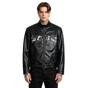 Blouson Biker Court en PU pour Homme, Col Montant Brodé, Motif Vache et Patchwork en Crins <span class=keywords><strong>de</strong></span> Cheval, Vêtement d'Équitation Décontracté, Hiver - Product Image 1