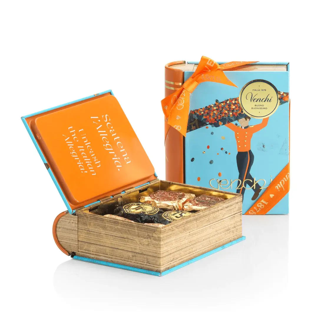 Chất lượng cao Thiết kế tinh tế hình dạng cuốn sách Biscuit Sôcôla đóng gói hộp thiếc bán buôn gói quà tặng hộp thiếc cho sô cô la