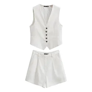 Buttons up v neck sleeveless white color casual cotton linen waistcoat vest for women