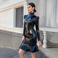 Damen Glänzendes Latex-PU-Lederkleid, Hochgeschlossenes Langarm-Fishtail-Bodycon-Midikleid für Nachtclubs