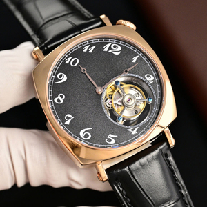 2026 New Arrival Rose Gold Tone Cushion Case Tourbillon Automatic <b>Watch</b> Men Black Dial Mechanical <b>Watch</b> With Leather Strap - Product Image 2