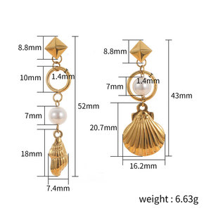 Pendientes Colgantes de Moda en Acero Inoxidable 316L con Baño de Oro PVD de 14k y 18k, Diseño Asimétrico de Concha y Perla, Joyería para Mujer - Product Image 4
