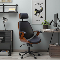 Chaise de bureau de direction ergonomique moderne de luxe à dossier haut avec support lombaire en contreplaqué courbé noyer et base métallique en cuir synthétique