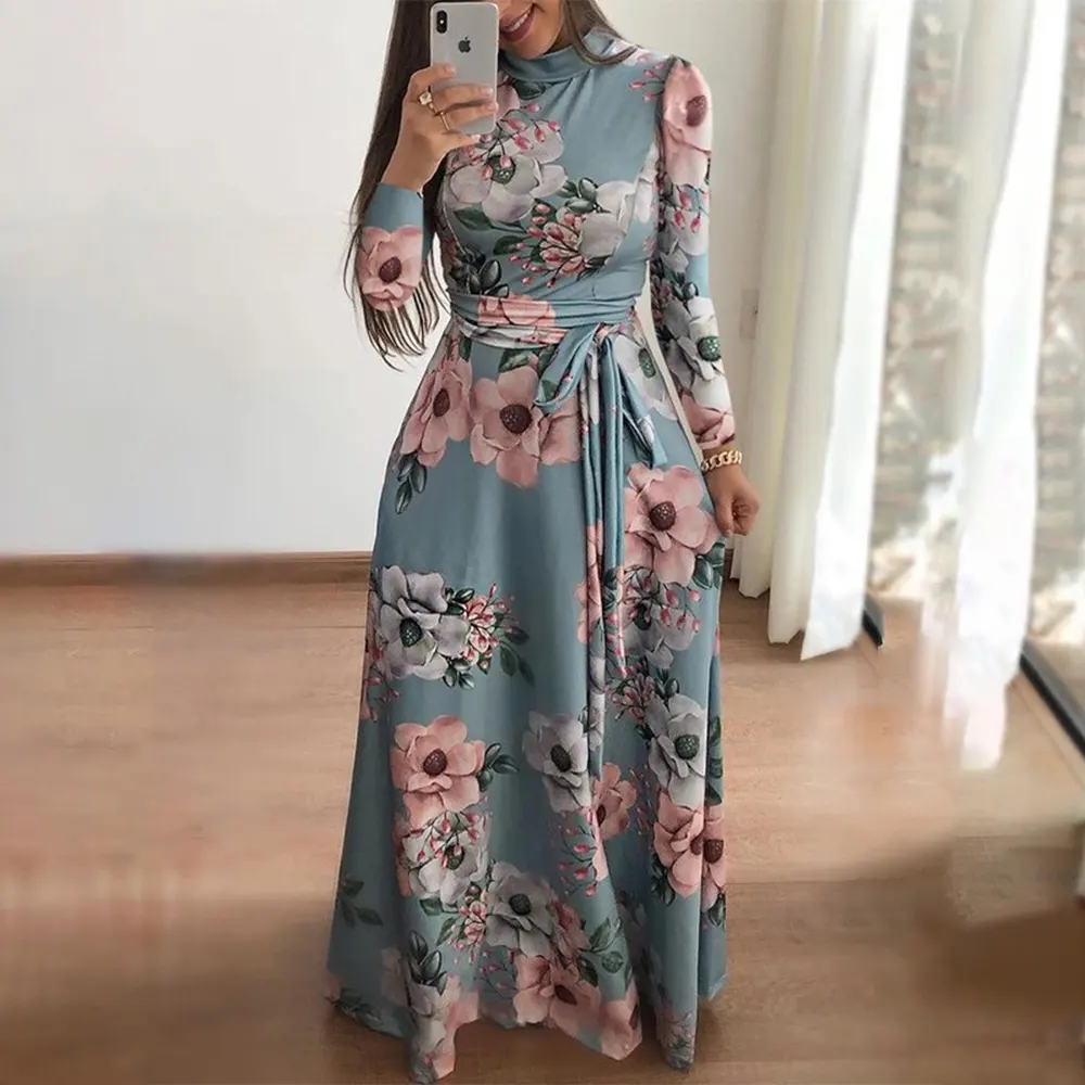 Maxi vestido feminino de manga longa, venda quente de tecido macio com estampa de flor, vestido casual