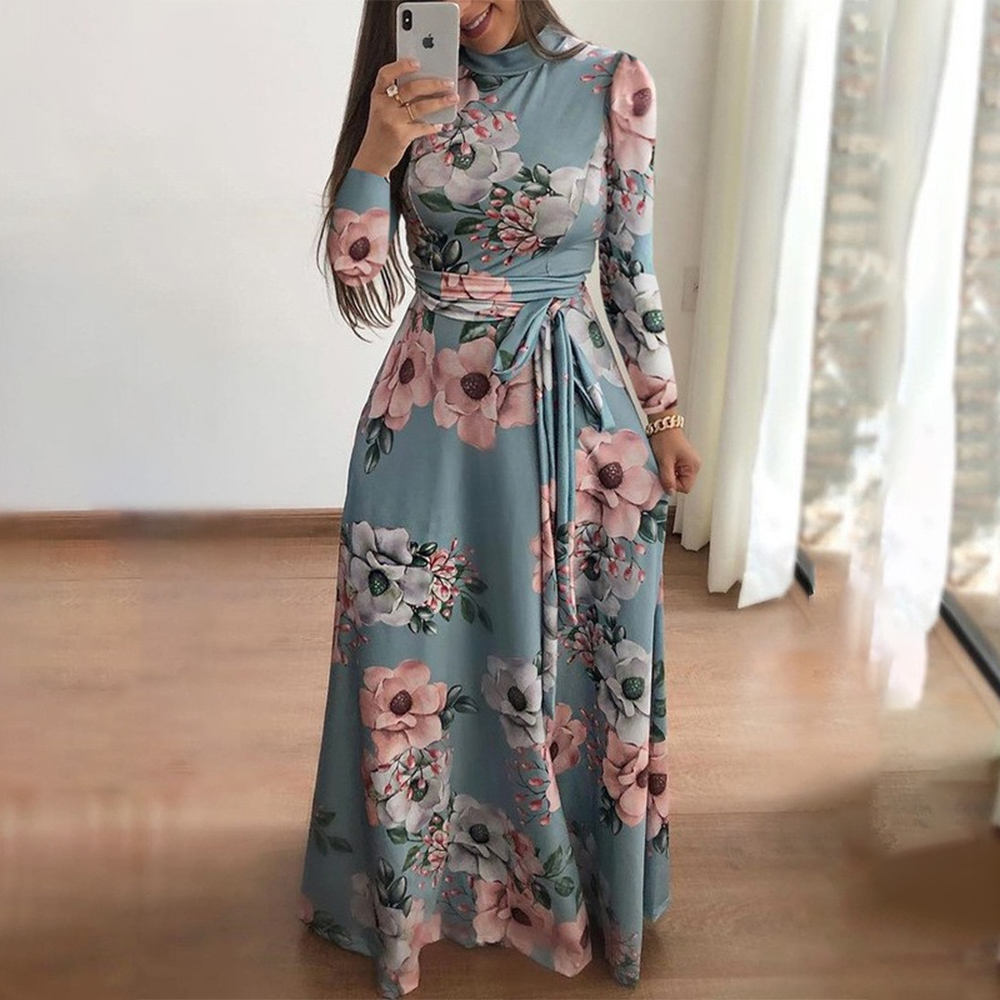 Hot Selling Soft Fabric Flower Pattern Maxi Dresses Women Long Sleeve Casual Dress 
