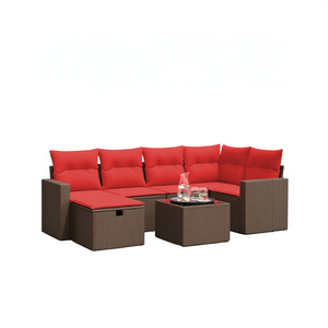 Set Divano da Esterno Moderno in Polyrattan Marrone con Cuscini, Arredamento da Giardino, 7 Pezzi Componibili - Product Image 1