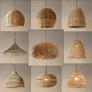 Groothandel Geweven Zeegras Rotan Hangende Hanger Plafondlamp Kap Rieten Licht Bamboe Kroonluchter Decoratie Boho Lampenkap