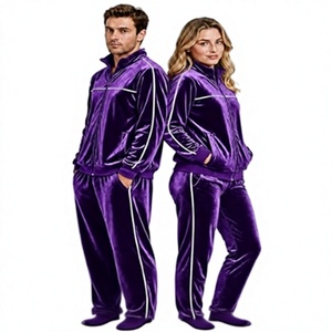 Ensemble de survêtement en velours violet unisexe, veste à fermeture éclair et pantalon, tenue de sport deux pièces - Product Image 1