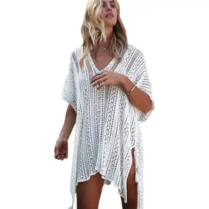 Hot Sexy Womans voir à travers maille résille vêtements de plage Robe De soirée d'été Robe De Plage blanc Transparent avec fente