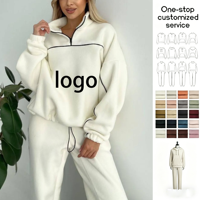 Ensemble de survêtement décontracté 2 pièces en polaire blanche pour femme avec logo personnalisé, haut demi-zip et pantalon de jogging, OEM ODM Vente en gros