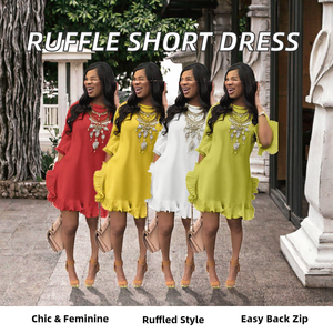 เดรสผู้หญิงแฟชั่นฤดูร้อนสไตล์ยุโรป แขนสั้น แต่งระบาย สีพื้น ความยาวปานกลาง ซิปหลัง จับจีบ ดีไซน์เซ็กซี่ สวมใส่สบาย - Product Image 2