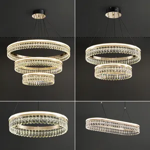 Salon contemporain obscurcissant les lumières led rondes en aluminium 2 couches de lumière pendante led lustre en cristal de luxe