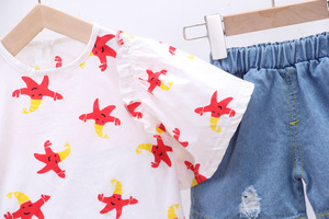 Wholesale Kids Clothes Batwing Sleeve Blouse Loose Clothing Cotton Sweet Girl's <b>Short</b> Set - Product Image 3
