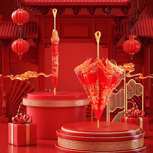 زفاف على الطراز الصيني الجديد مستقيم مقبض طويل خمر الدانتيل التطريز الزواج الأحمر مظلة الزفاف - Product Image 3