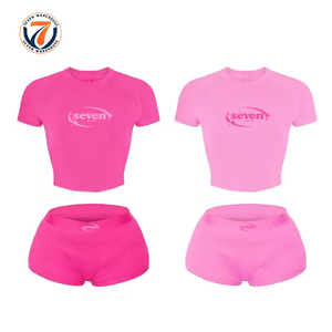 Özel İşlemeli Logolu Bodycron Sweatshirt Yazlık Tişörtler Kısa Rahat Giyim Kadın Takımları Nervürlü Rahat Giyim İki Parçalı Kadın Takımı - Product Image 1