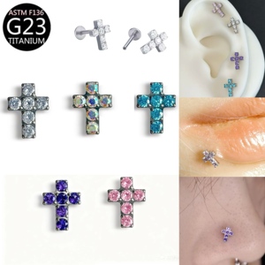 Pendientes de titanio F136 5A con circonita en forma de cruz, aretes de moda para la oreja, anillos de titanio para la <span class=keywords><strong>labio</strong></span>, joyería corporal para mujer - Product Image 1