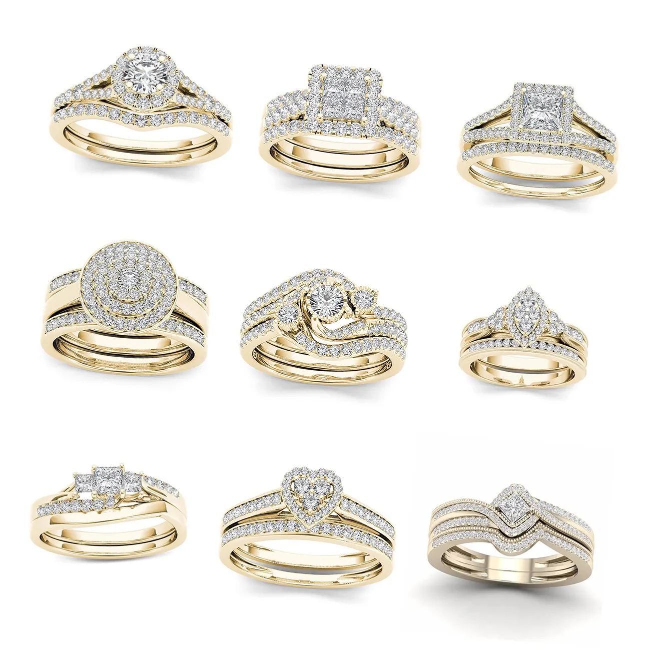 Fashion shiny jewelry full zircon diamond couple rings 18K gold plated cubic zirconia stackable eternity wedding band ring set