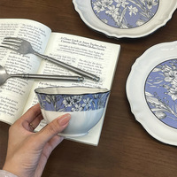 Service de table vintage en céramique de style français, luxe léger rétro - Bols, assiettes, soucoupes, compatible micro-ondes, motif végétal, vente en gros