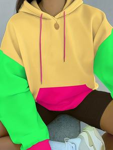 Women'S <b>Y2K</b> Cute Multicolor Block Splicing Loose Breathable Winter Lined <b>Hoodie</b> Pullover Pockets with Drawstring Decoration - Product Image 4