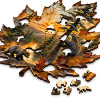 Puzzle en bois en forme de feuille d'érable, scène automnale coucher de soleil pin lac, découpé au laser en tilleul finition satinée, boîte cadeau, directement de l'usine OEM