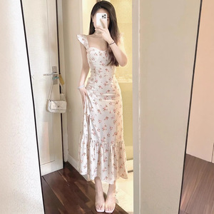 French Style Floral Print Spaghetti Strap Maxi Dress Natural Waistline Daily Casual Beach Wear - Product Image 4