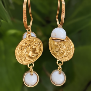 Fashion Drop <b>Earrings</b> Gold Plated 316L Stainless Steel Coin Pendant With White Bead Studs - Product Image 3