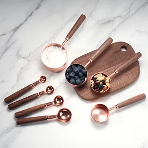 Customized 8 PCS Metal And Walnut Wooden Rose Gold Digital Measuring Cups And Spoons For Kitchen Cooking