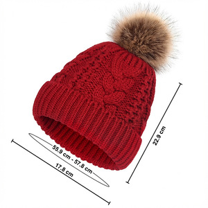 Women Knitted Beanie Red Cable Knit Warm Hat With Pom Pom 55.9-57.8 Cm - Product Image 1