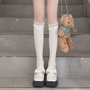 Cute White Lace Trim Knee <b>Socks</b> With Bow For Women Youth Schoolgirl Style Breathable Sweat Absorbing <b>Polyester</b> Fiber - Product Image 4
