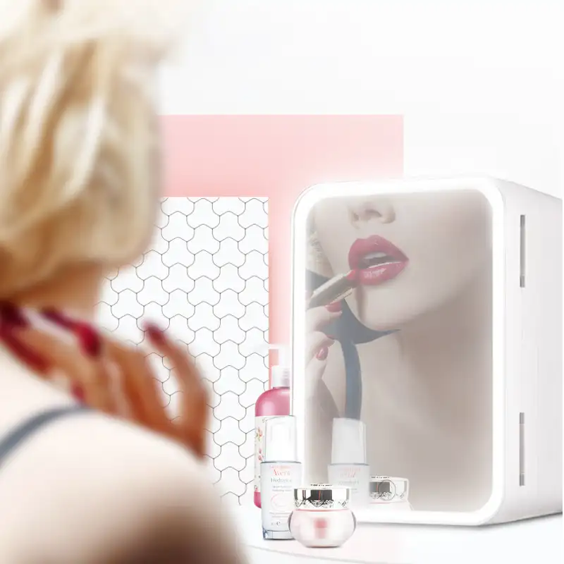 Маленький портативный косметический холодильник 8 л для ухода за кожей, мини-холодильник для макияжа, стеклянное зеркало, дверной дисплей, холодильник для спальни