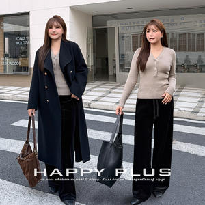 Happy Plus V Neck Wool Knit Sweater Set Plus Size Oatmeal <b>Top</b> <b>Black</b> Pants Women's Solid Color Fitted <b>Long</b> <b>Sleeve</b> - Product Image 1