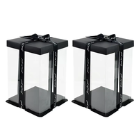 Vente en gros de boîtes à gâteaux carrées transparentes en plastique de qualité alimentaire pour mariage, 6, 8, 10, 12, 14 pouces, boîtes à gâteaux noires transparentes avec ruban gratuit